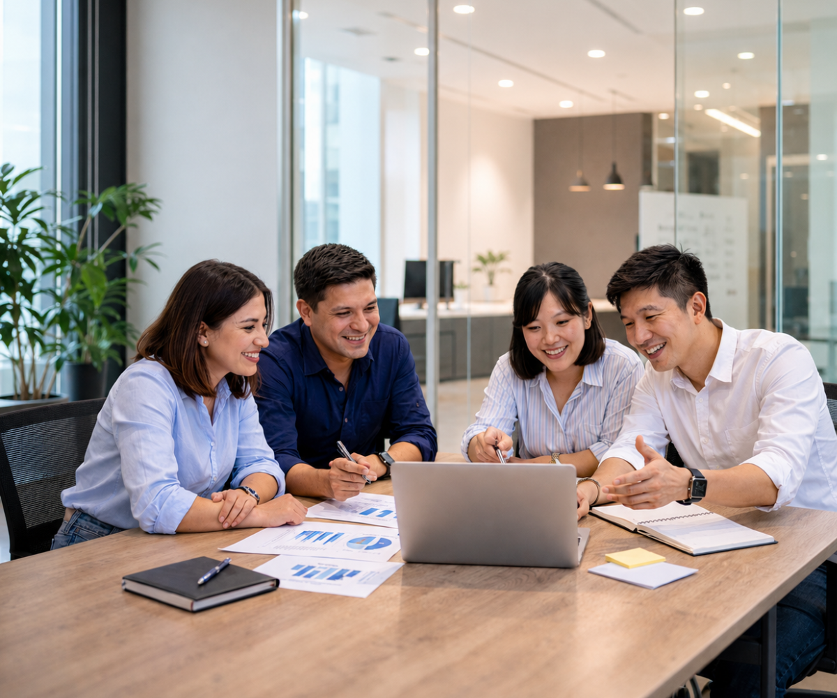 Equipo en una reunión de capacitación para empresas.
