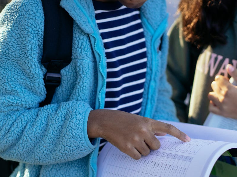 Dos estudiantes consultan información en el libro de gramática después de su lección sobre past perfect tense.