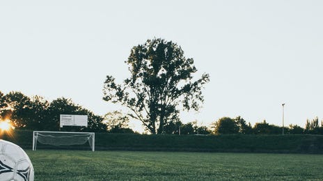 Balón de soccer enfrente de la portería.