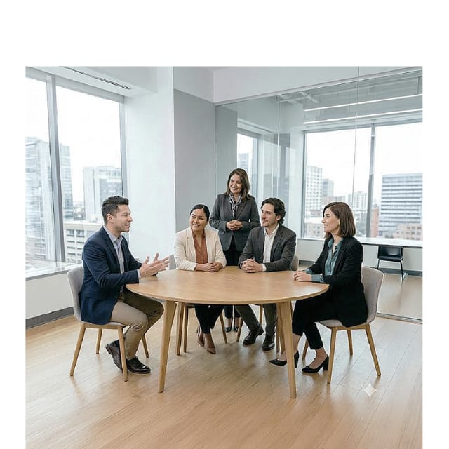 5 personas hablando inglés entre ellas sentadas en una mesa