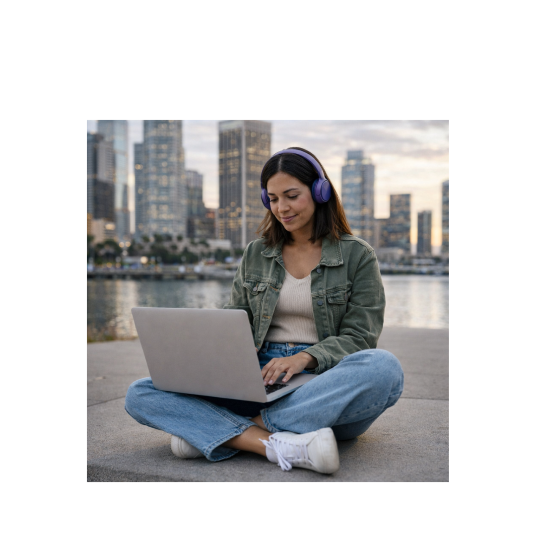 mujer sentada con su laptop aprendiendo inglés