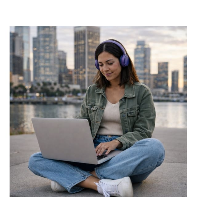 mujer sentada con su laptop aprendiendo inglés
