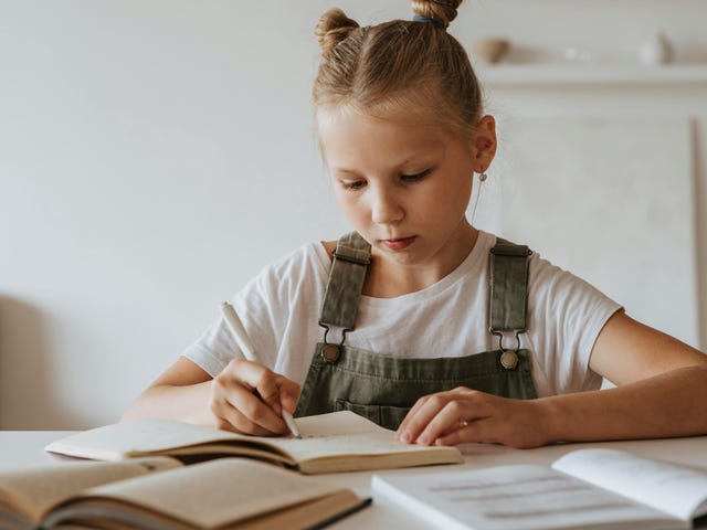 Niña rubio estudiando alemán con su libro de historia.