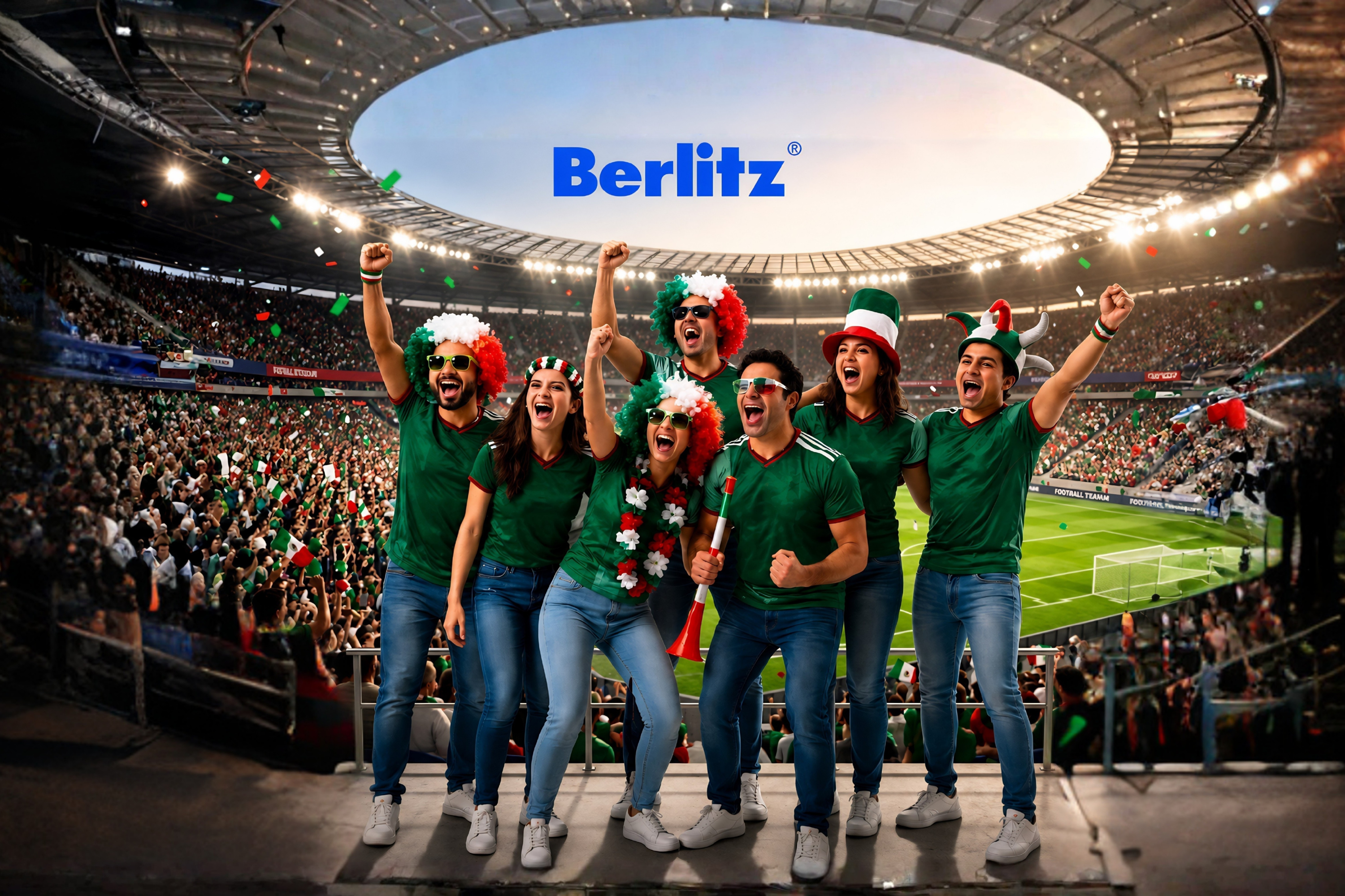 Grupo de personas que estudian en Berlitz y participan en quiniela mundialista