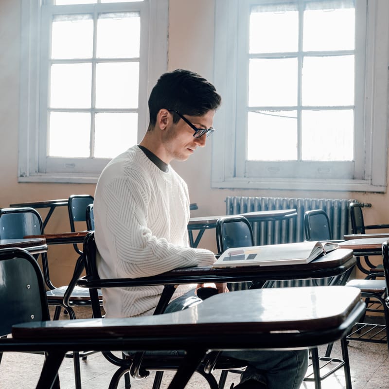 Estudiante en salón leyendo un libro sobre verbos copulativos en inglés.