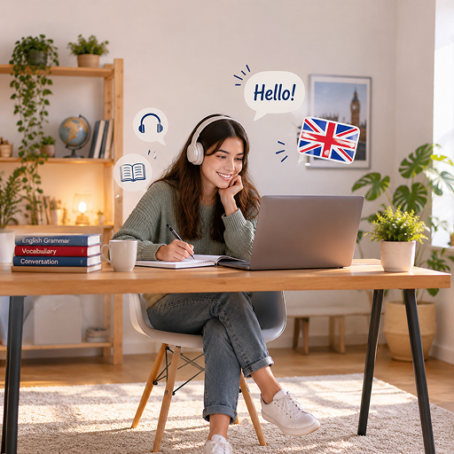 Mujer estudiando idiomas con Berlitz Flex mediante autoaprendizaje en línea y sesiones en vivo con instructor.