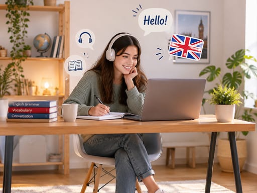 Mujer estudiando idiomas con Berlitz Flex mediante autoaprendizaje en línea y sesiones en vivo con instructor.